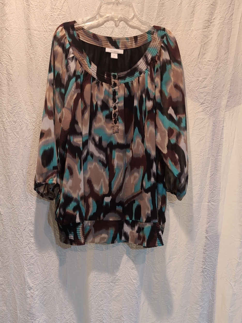 Plus Size Dress Barn Teal, Brown and Cream Printed Peasant Blouse